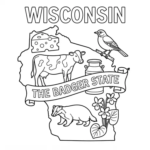 Wisconsin Coloring Page — State Map with Symbols and Banner