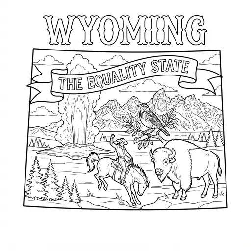 Wyoming Coloring Page — State Symbols With Cowboy And Geyser