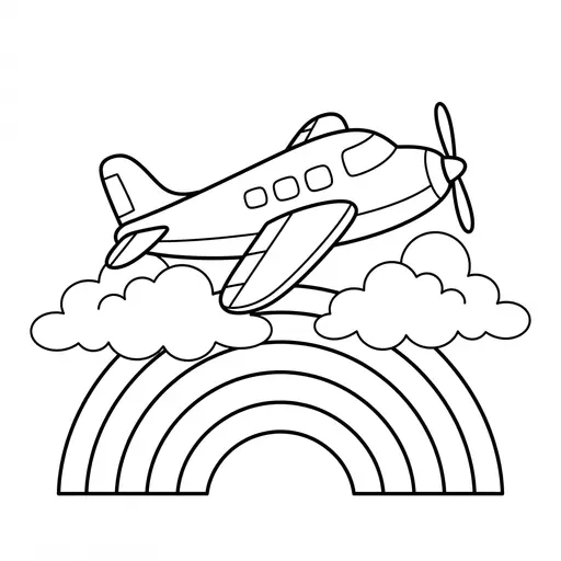 Airplane Coloring Page — Flying Over Clouds And Rainbow