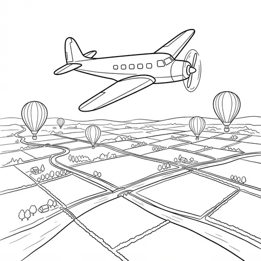 Airplane Coloring Page for Adults — Flying Above Countryside With Hot Air Balloons