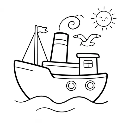 Easy Ship Coloring Page — Sailing on the Waves with a Seagull