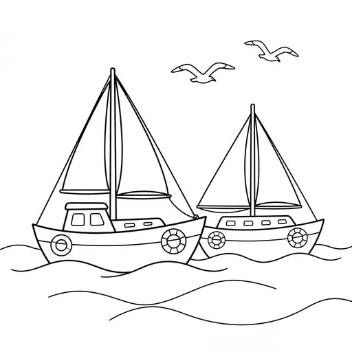 Boat Coloring Page — Two Boats Bobbing in Waves