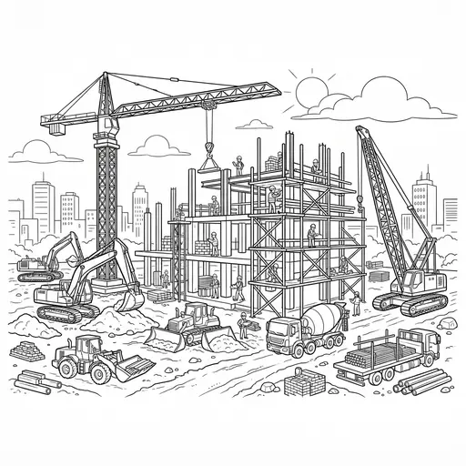 Construction Coloring Page for Adults — Busy With Cranes And Machines