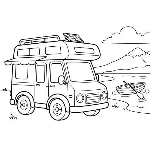 Bus Coloring Page — Parked by a Lake