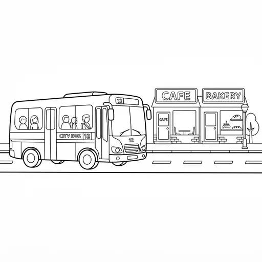 Bus Coloring Page — Driving Past Shops