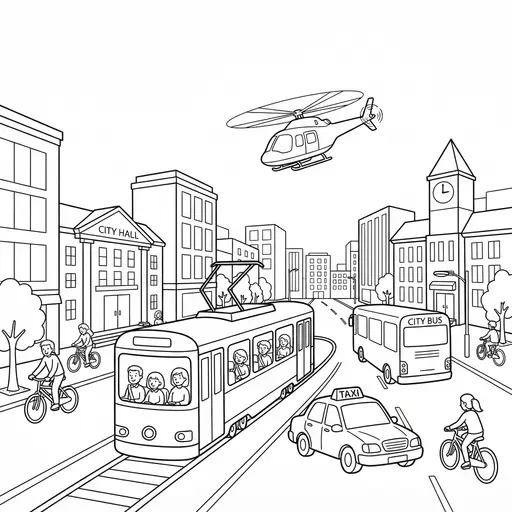 Vehicle Coloring Page for Adults — Busy Streets With Vehicles And Buildings
