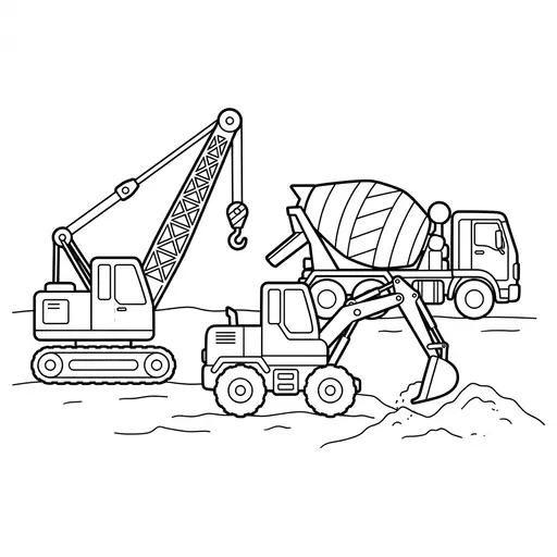 Construction Coloring Page — Crane Digger And Cement Mixer