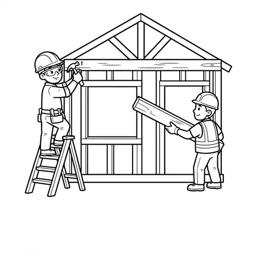 Construction Coloring Page — Building a Wooden House