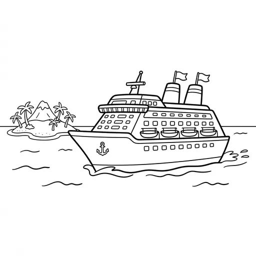 Ship Coloring Page — Sailing Past a Tropical Island