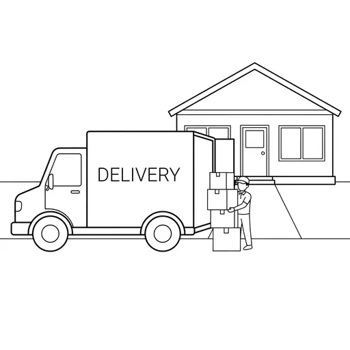Truck Coloring Page — Dropping Off Boxes At A House