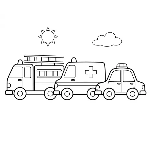 Vehicle Coloring Page — Lineup with Fire Truck and Police Car