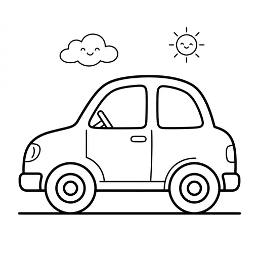 Easy Car Coloring Page — Friendly Face on Sun and Cloud