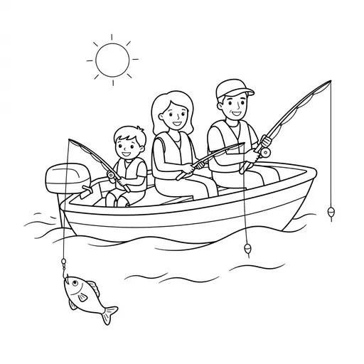 Boat Coloring Page — Family Fishing on a Lake