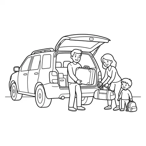 Car Coloring Page — Family Packing Luggage for Trip
