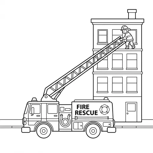 Fire Truck Coloring Page — Extending Ladder to a Building