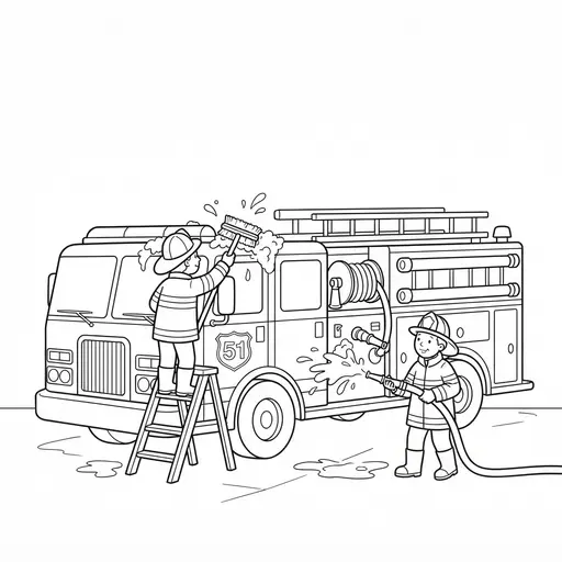 Fire Truck Coloring Page — Washing the Engine with Firefighters