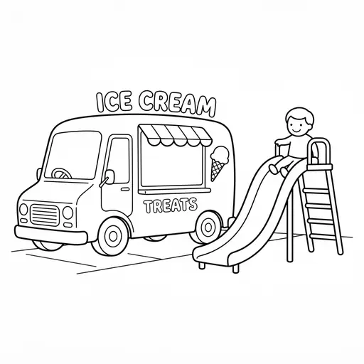 Truck Coloring Page — Parked by a Playground Slide