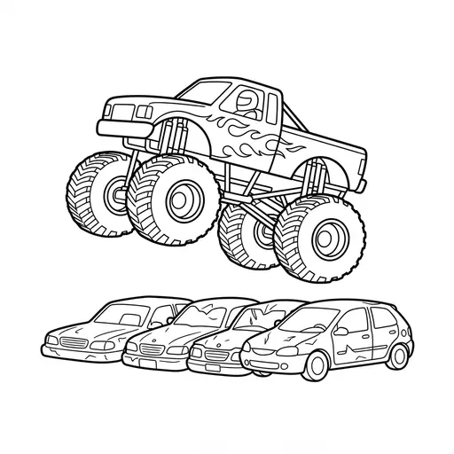 Monster Truck Coloring Page — Jumping Over Wrecked Cars