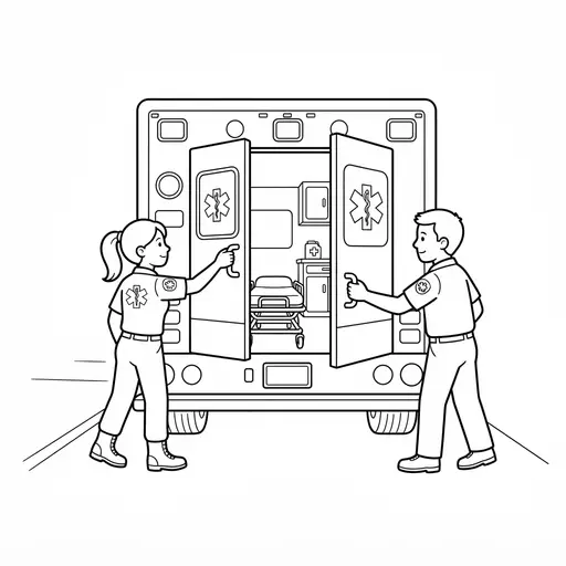 Ambulance Coloring Page — Paramedics Opening Back Doors