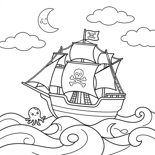 Ship Coloring Page — Sailing on Rolling Waves at Night