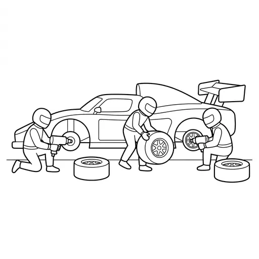 Race Car Coloring Page — Pit Crew Changing Tires