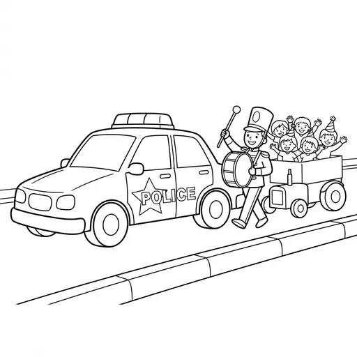 Police Car Coloring Page — Leading a Parade Down Main Street