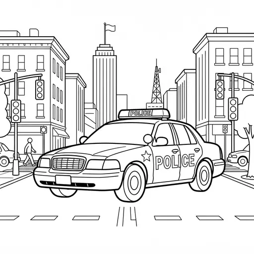 Police Car Coloring Page for Adults — On a Busy City Street