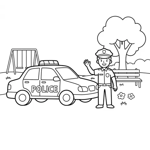 Police Car Coloring Page — Friendly Officer and Park