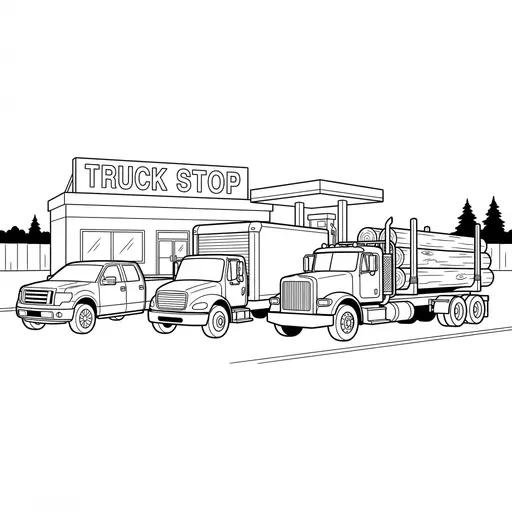 Truck Coloring Page for Adults — Row Of Trucks At A Fuel Station