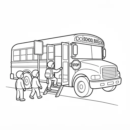 Bus Coloring Page — Children Boarding a Yellow Vehicle