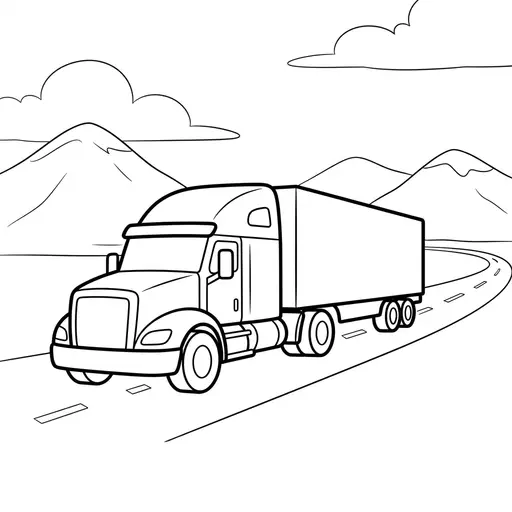 Semi Truck Coloring Page — Driving Along a Highway Past Mountains