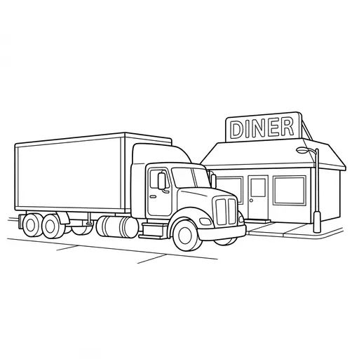 Semi Truck Coloring Page — Parked at a Roadside Diner