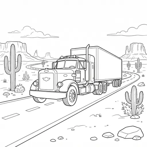 Semi Truck Coloring Page for Adults — Driving Through the Desert