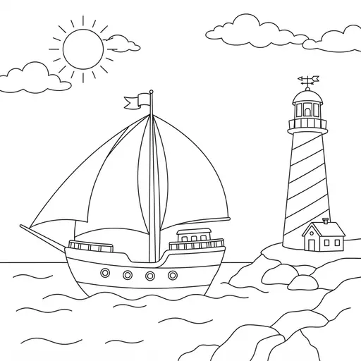 Ship Coloring Page — Sailing Ship and Rocky Shore