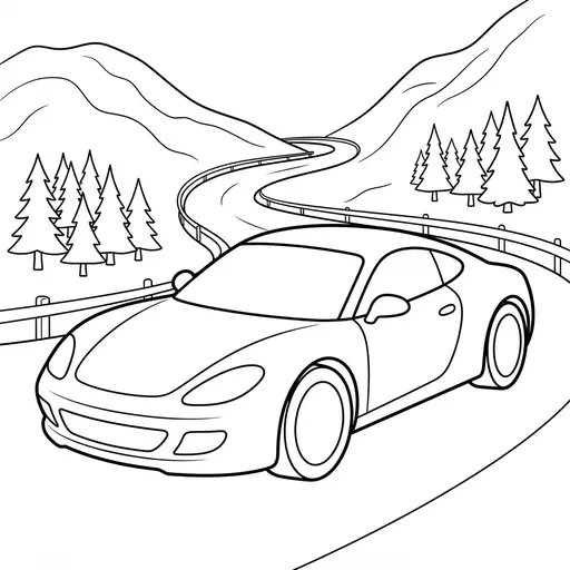 Sports Car Coloring Page for Adults — Driving on a Mountain Road