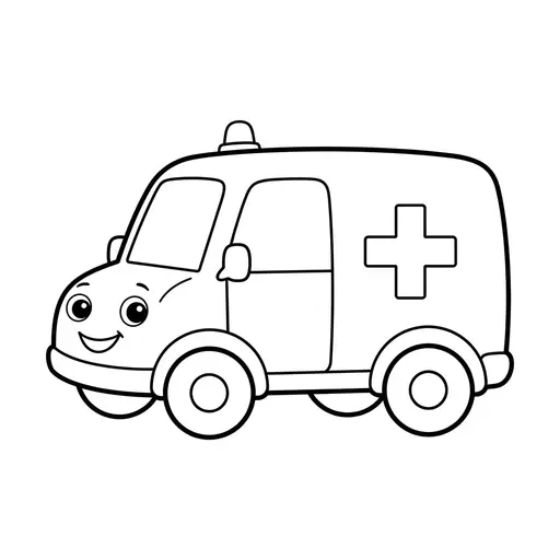 Easy Ambulance Coloring Page — Friendly Face and Side Cross