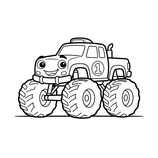 Easy Monster Truck Coloring Page — Smiling With Giant Wheels