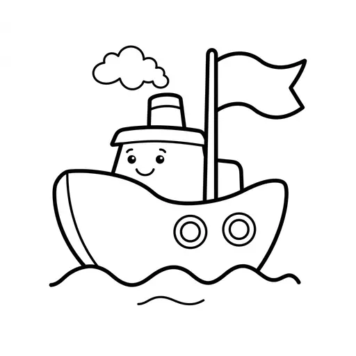 Easy Ship Coloring Page — Smiling with Flag and Waves