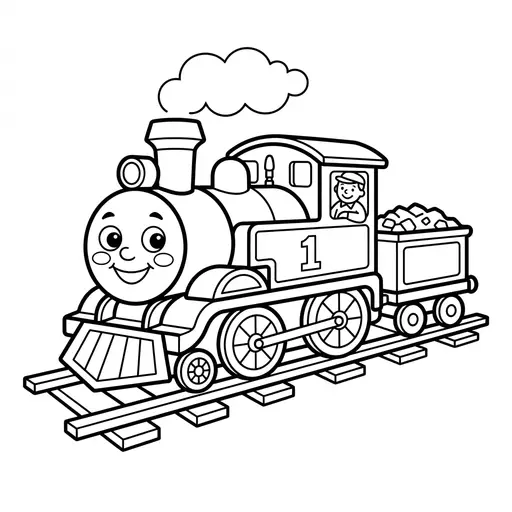 Easy Train Coloring Page — Friendly Face with Coal Tender