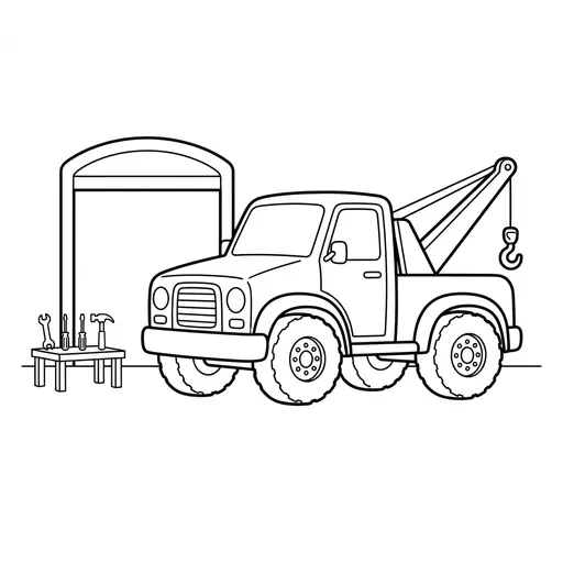 Tow Truck Coloring Page — Parked at a Garage with Tools