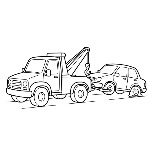 Tow Truck Coloring Page — Pulling a Car with a Flat Tire