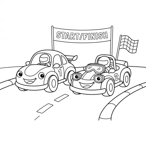 Race Car Coloring Page — Two Cars Racing at Start Finish Line