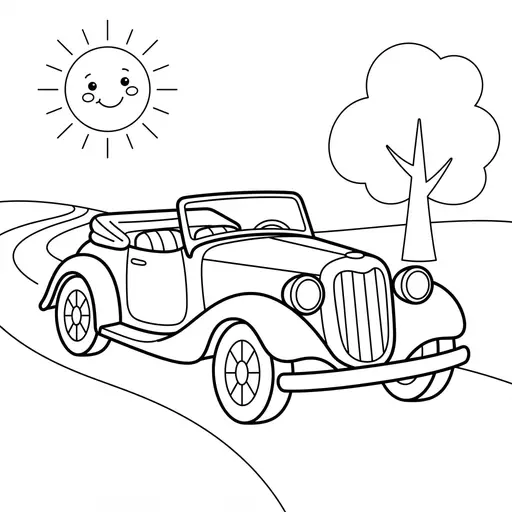 Car Coloring Page — Driving Down a Country Road
