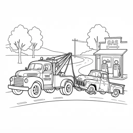 Tow Truck Coloring Page for Adults — Towing an Old Pickup Truck