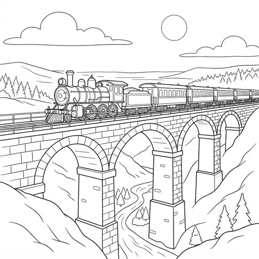 Train Coloring Page for Adults — Crossing a Stone Bridge