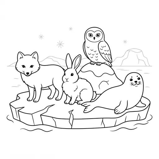 Winter Animal Coloring Page for Adults — Arctic Fox, Hare, Owl and Seal on the Ice