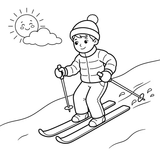 Skiing Coloring Page — Child Skiing Down a Snowy Slope