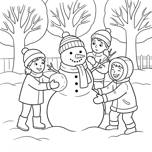 Snowman Coloring Page — Children Building a Snowman