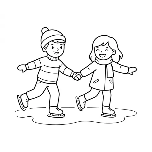 Ice Skating Coloring Page — Children Holding Hands on the Ice