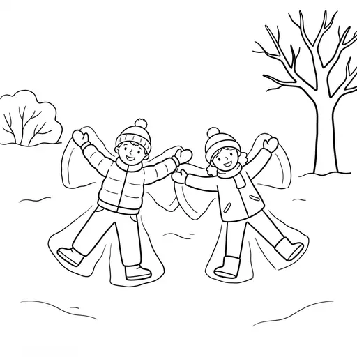Winter Scene Coloring Page — Children Making Snow Angels